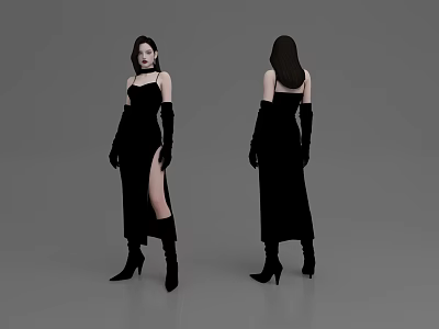 Woman In Black Slip Dress With High Slit Long Gloves And Black High Heels 3d model