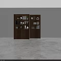Modern Brown Wall Cabinets With Decorative Vases Books Photo Frames On White Wall Gray Floor