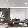 Contemporary Dining and Living Room Interior With Round Table Brown Chairs Marble Floor Decorative Painting
