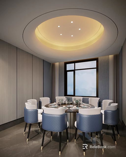 Elegant Private Dining Room Interior With Round Table Comfortable Chairs And Ceiling Light 3d model