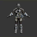 Game Movie Character In Futuristic White Blue Armor With Mechanical Design And Weapon