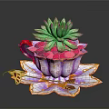 Decorative Colorful Cup With Saucer Holding Green Pink Succulent Plant And Red Pebbles