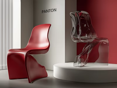 Red and Transparent Modern Dining Chairs Displayed on White Platform with Red Walls 3d model