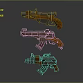 Three Futuristic Sci Fi Pistols With Retro Design Elements And Orange Grips 3d model