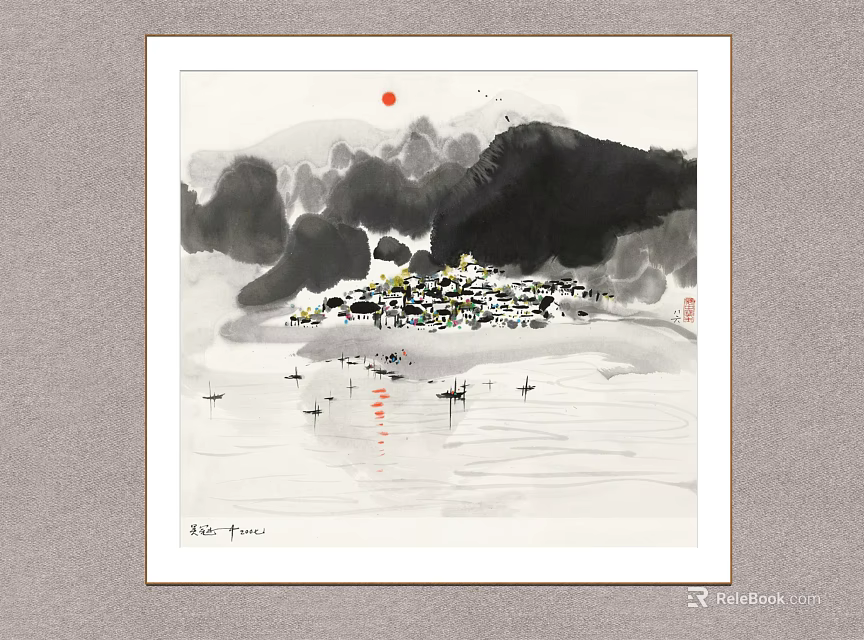 Traditional Chinese Ink Painting Featuring Mountain Water Red Sun Boats And Village 3d model 