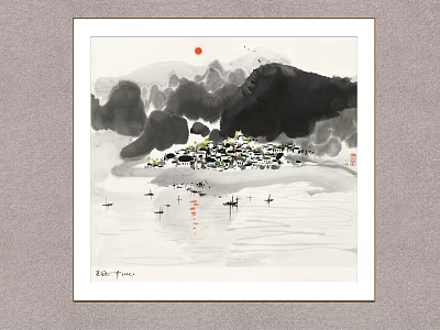 Traditional Chinese Ink Painting Featuring Mountain Water Red Sun Boats And Village 3d model