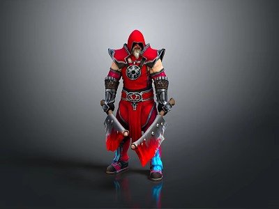 Man in Red Hooded Armor Holding Dual Swords as Fantasy Warrior Character 3d model