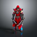 Man in Red Hooded Armor Holding Dual Swords as Fantasy Warrior Character