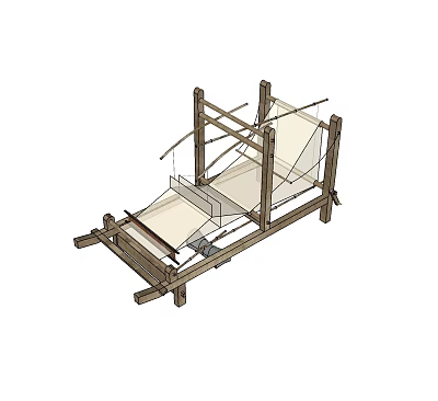 Wooden Industrial Weaving Machine with Traditional Frame Structure and Fabric Elements 3d model