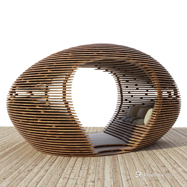 Modern Wooden Oval Outdoor Seating Structure With Cushioned Sofa And Wooden Floor For Relaxation Space 3d model 