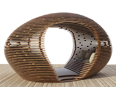 Modern Wooden Oval Outdoor Seating Structure With Cushioned Sofa And Wooden Floor For Relaxation Space 3d model