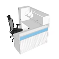 Modern Office Desk Cubicle Workstation With Blue Trim And Black Chair