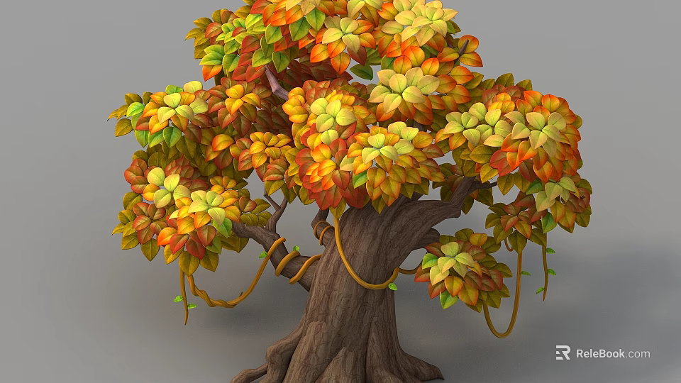 Colorful Arbor with Orange Yellow Green Leaves Thick Trunk and Hanging Vines 3d model 
