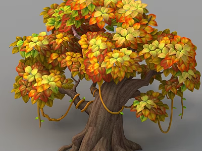 Colorful Arbor with Orange Yellow Green Leaves Thick Trunk and Hanging Vines 3d model