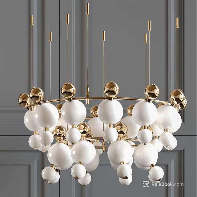 Contemporary Chandelier With White Spherical Glass And Gold Metal Frame For Modern Interior Lighting 3d model 