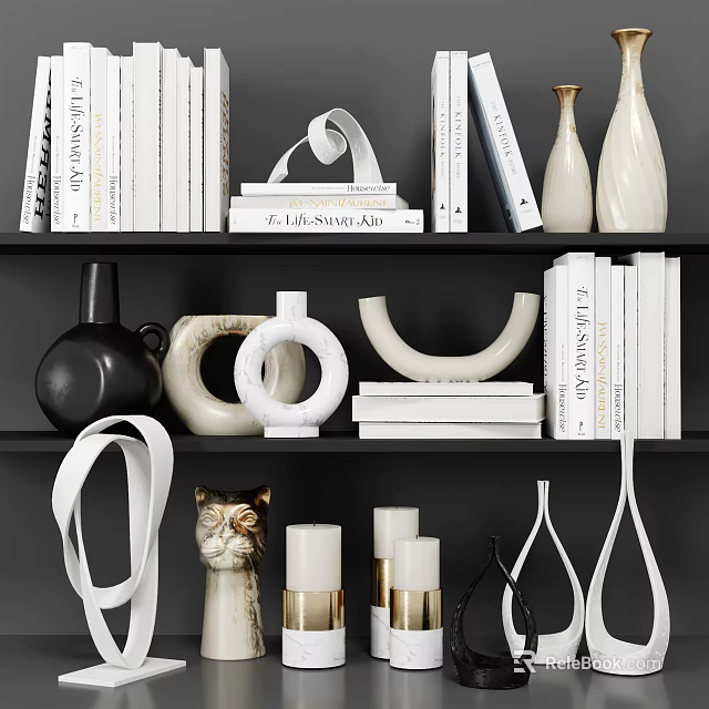 Stylish Decorative Ornament Set With Books Vases Circular Decor And Cat Figurine On Shelves 3d model 