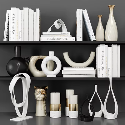 Stylish Decorative Ornament Set With Books Vases Circular Decor And Cat Figurine On Shelves 3d model