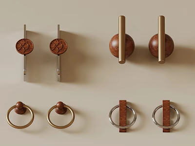 Various Decorative Cabinet Handles With Wooden And Metal Designs For Furniture 3d model