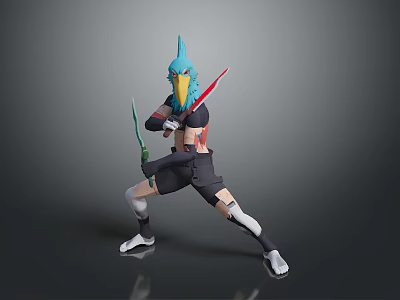 Bird Headed Humanoid Character Wielding Dual Swords In Dynamic Combat Stance 3d model