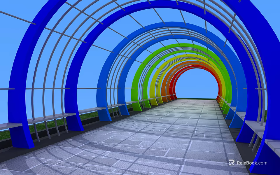 Vibrant Colorful Archway Garden Landscape With Glass Roof Stone Walkway And Blue Sky 3d model 