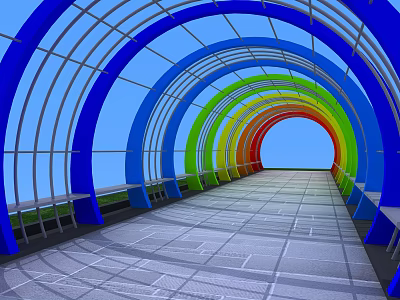 Vibrant Colorful Archway Garden Landscape With Glass Roof Stone Walkway And Blue Sky 3d model