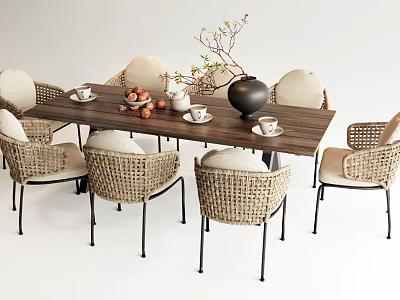 Wooden Outdoor Table with Rattan Chairs Light Cushions Teacups Eggs Vase and Branches 3d model