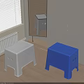White and Blue Plastic Stools with Textured Surface in Indoor Room 3d model
