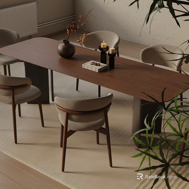 Elegant Wooden Dining Table Set With Beige Upholstered Chairs And Decorative Vase 3d model 
