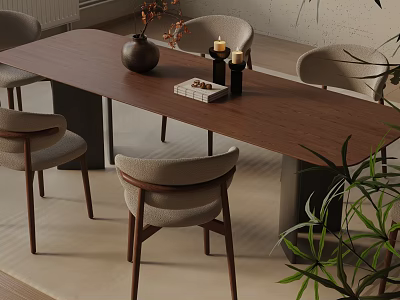 Elegant Wooden Dining Table Set With Beige Upholstered Chairs And Decorative Vase 3d model