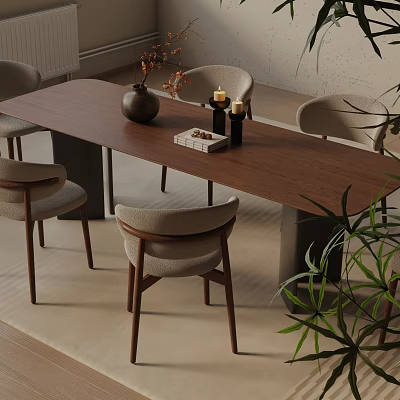 Elegant Wooden Dining Table Set With Beige Upholstered Chairs And Decorative Vase 3d model