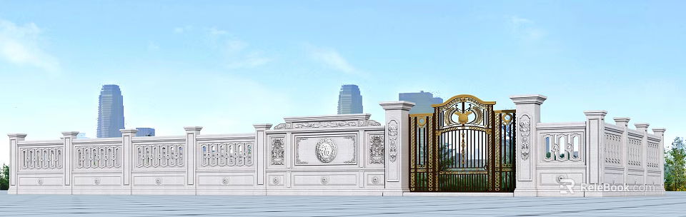 Elegant Entrance Gate With Golden Iron Design White Stone Carved Wall And Modern High Rise 3d model 