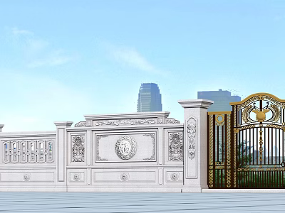 Elegant Entrance Gate With Golden Iron Design White Stone Carved Wall And Modern High Rise 3d model