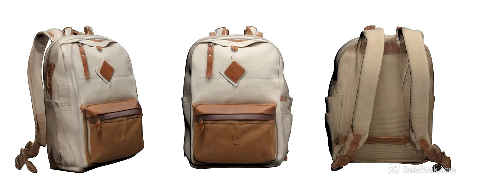 Canvas Brown and Beige Backpack with Square Leather Patch Front Pockets Wide Straps Durable Design 3d model 