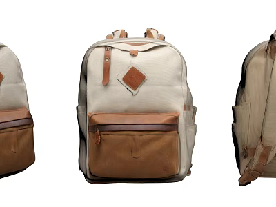 Canvas Brown and Beige Backpack with Square Leather Patch Front Pockets Wide Straps Durable Design 3d model