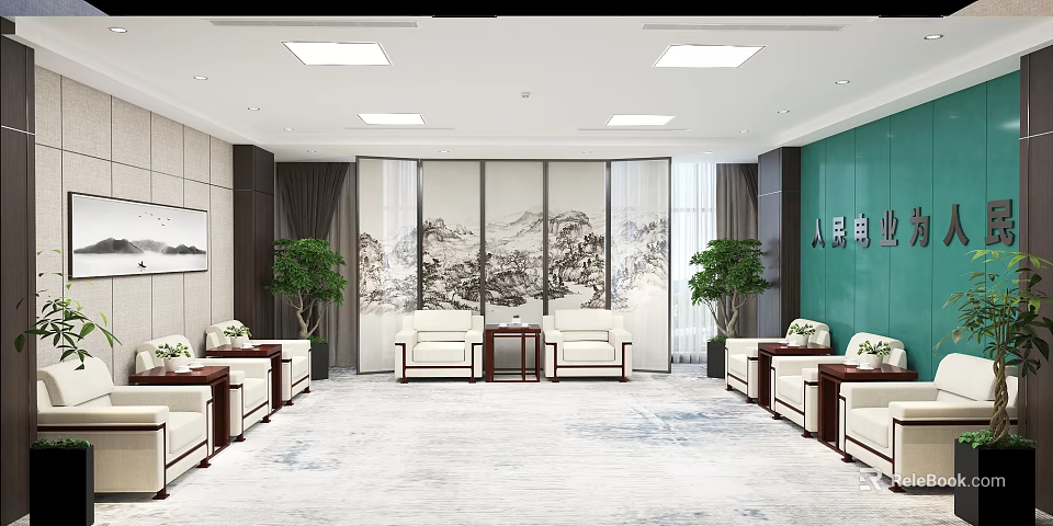 Modern Elegant Tea Room Interior With Wooden Cabinets Cozy Seats And Green Plants 3d model 
