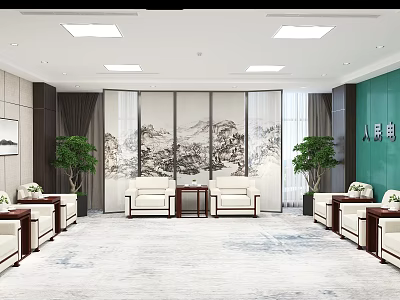 Modern Elegant Tea Room Interior With Wooden Cabinets Cozy Seats And Green Plants 3d model