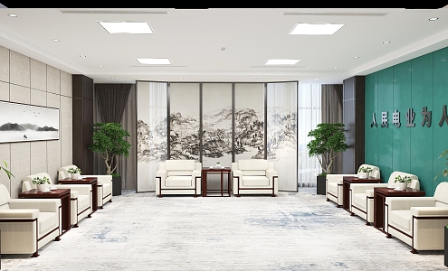 New Chinese Reception Room Reception Sofa Hanging Picture Screen Plant Curtain Hanging Picture Tea Cup Ornaments Tea Cabinet 3d model