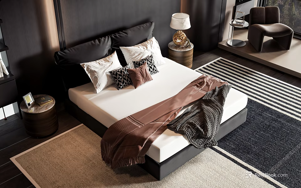 Modern Double Bed Interior With Black White Brown Pillows Cozy Blankets And Nightstand Lamp 3d model 