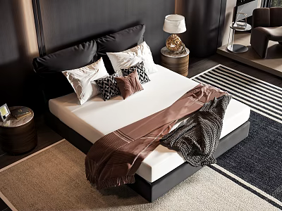 Modern Double Bed Interior With Black White Brown Pillows Cozy Blankets And Nightstand Lamp 3d model