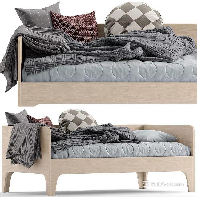 Light Wood Kids Bed with Blue Circular Mattress Grey Blanket and Colorful Pillows 3d model 