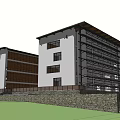 Modern Guesthouse Building With White Facade Brown Accent Balconies Stone Wall And Green Lawn