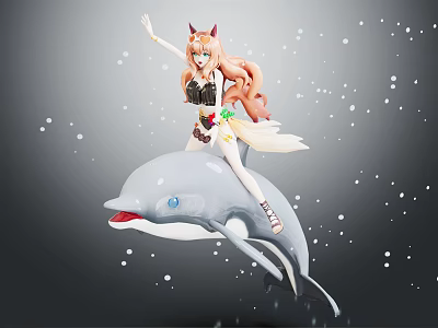 Game or Movie Character in Dynamic Pose Riding Dolphin with Fox Features 3d model