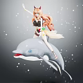Game or Movie Character in Dynamic Pose Riding Dolphin with Fox Features