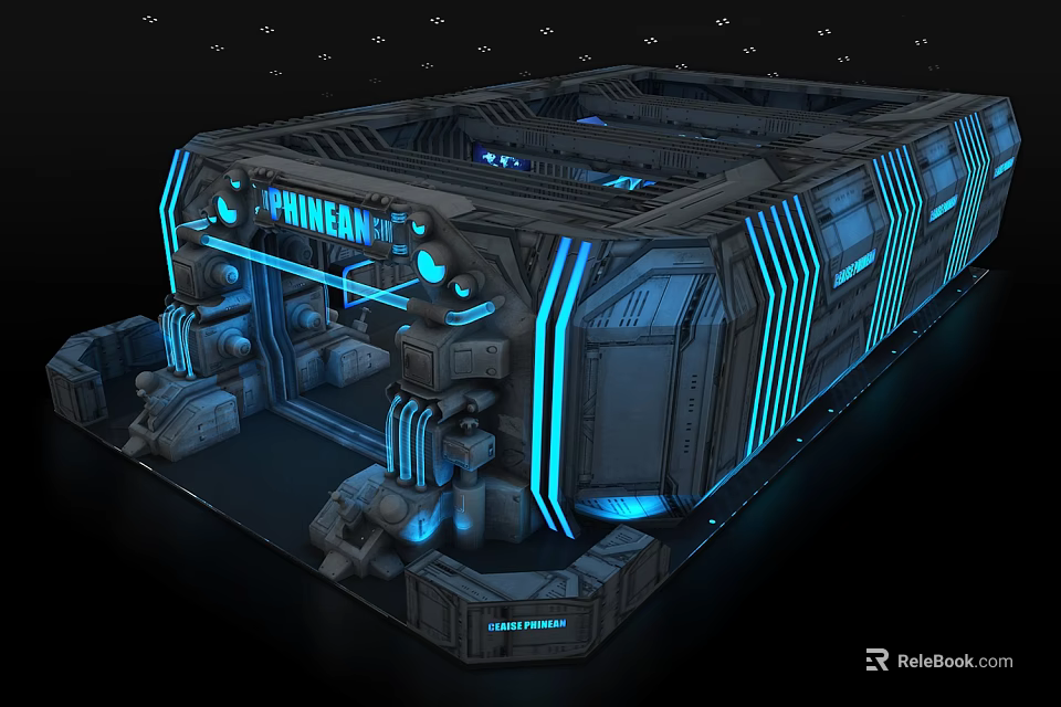 Cartoon Style Spacecraft Scene With Futuristic Tech Blue Lights And Metallic Structures 3d model 
