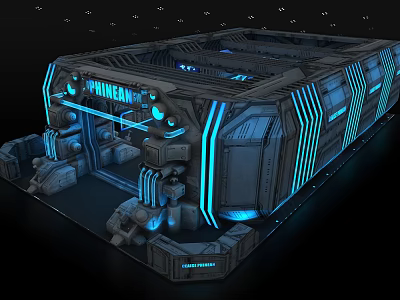 Cartoon Style Spacecraft Scene With Futuristic Tech Blue Lights And Metallic Structures 3d model