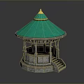Traditional Round Pavilion Featuring Green Roof Golden Top And Wooden Structure Steps