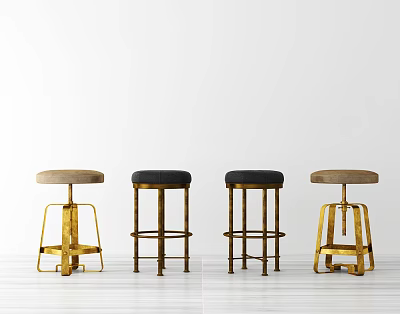 Modern Bar Stools With Gold Metal Legs Wooden And Leather Seats Design 3d model