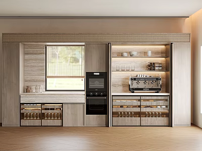 Modern Kitchen Interior With Wooden Cabinets Window Oven Storage Shelves And Lighting 3d model