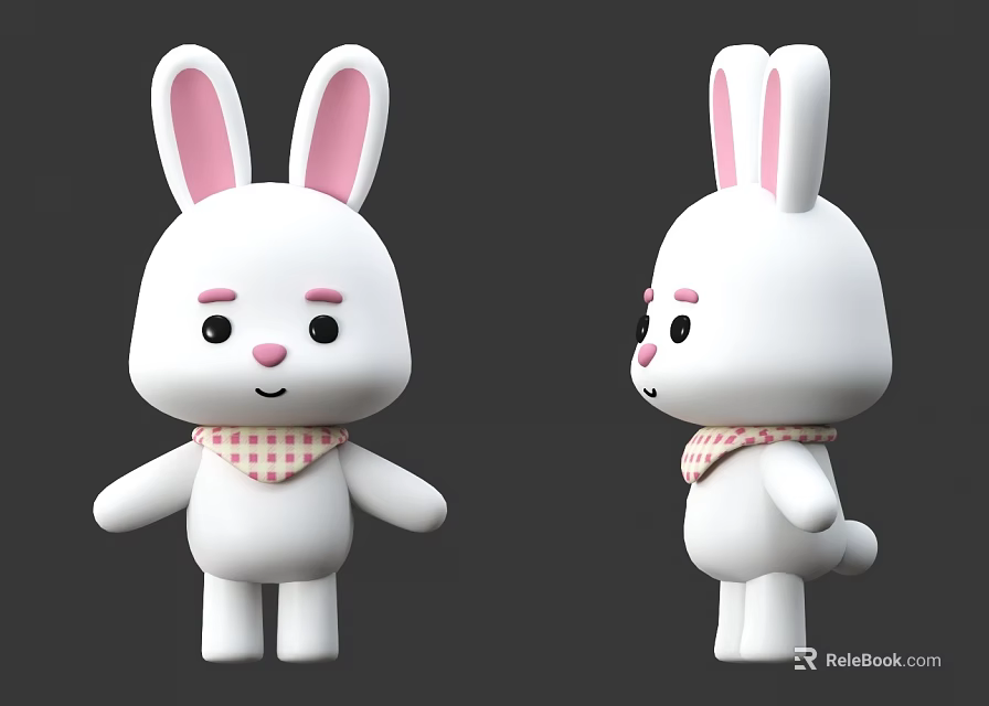 Cute White Cartoon Rabbit 3D Model With Pink Ears And Plaid Scarf 3d model 