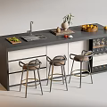 Modern Bar Counter Featuring Black Countertop White Cabinets Wine Rack Stools Fruit Basket and Plant